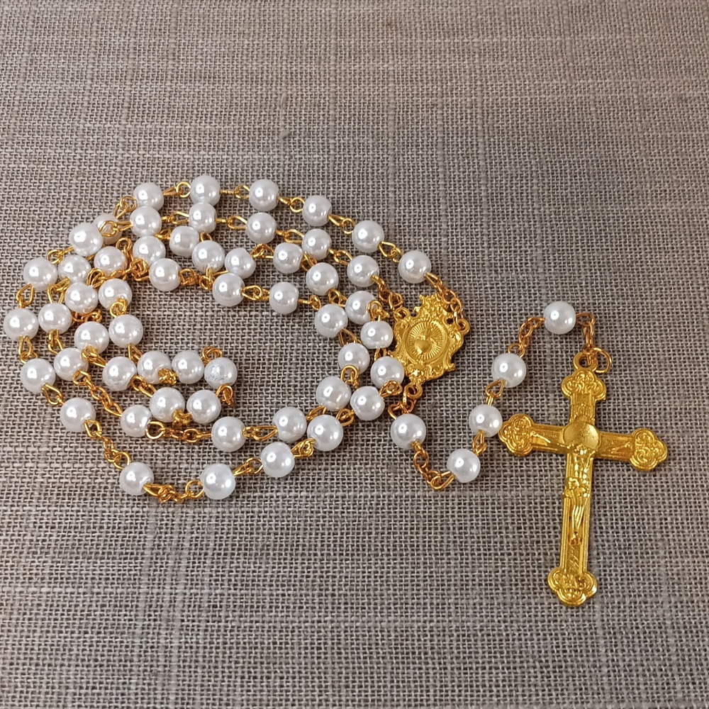 Faux Pearl Gold Tone Rosary Necklace Prayer Beads